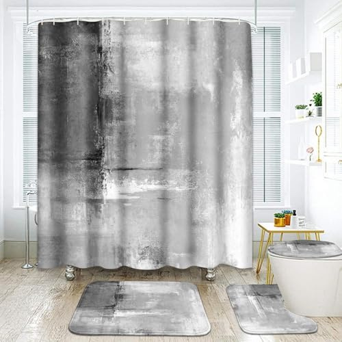 ArtSocket Juego de 4 Cortinas de Ducha, Pintura Abstracta Gris, Negro y Blanco, con alfombras Antideslizantes, Cubierta de Tapa de Inodoro y Alfombrilla de baño, Juego de decoración de baño, 72 x 72