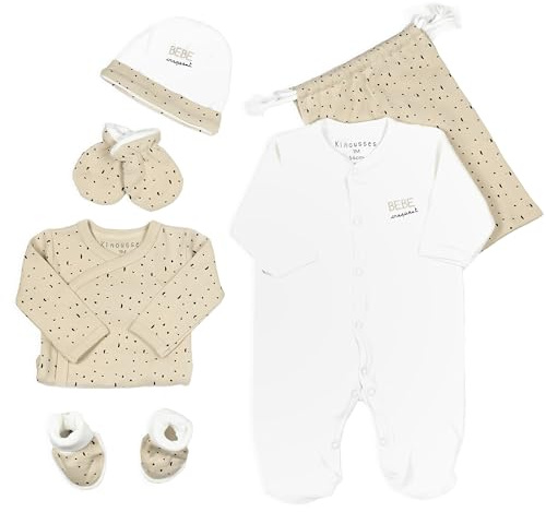 Kinousses - Kit NaissanceBébé Craquant - 6 Pièces (Pyjama, Body, Bonnet, Chaussons, Moufles et Sac de Rangement) - Fille, Garçon, Mixte - Velours - 1 mois