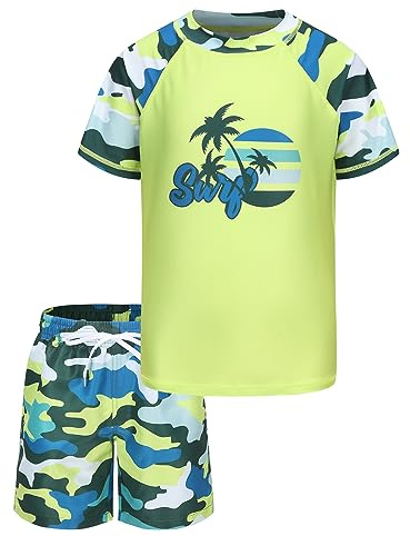 Traje de baño de dos piezas para niños con pantalones cortos de manga corta para niños de 5 a 16 años, Camuflaje amarillo, 11-12 Años