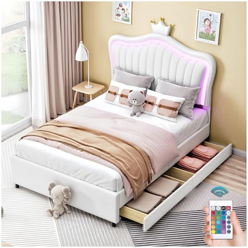 Sapgaks Cama infantil con 2 cajones de almacenamiento y lámparas LED, cama cabaña infantil, 90 x 200 cm, marco de cama para 1 persona con somier de láminas y respaldo, PU, blanco (colchón no incluido)