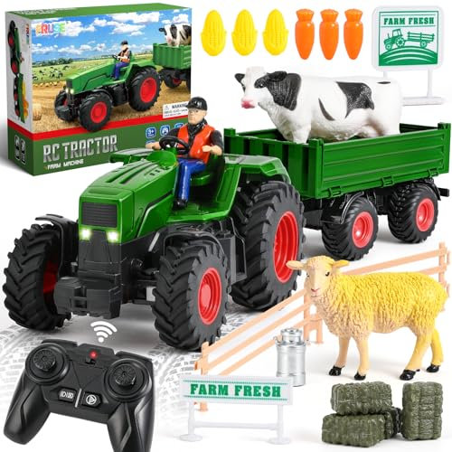 FRUSE Remote Control Tractor Toy,RC Car Set & Truck and Trailer,Tractor Toy with 2 Rechargeable Batteries,Light,Farm Toys Include Cows,Sheep and Hay Bales,Toys for 3 4 5 6 7 8 Years Old Boys Girls