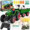 FRUSE Remote Control Tractor Toy,RC Car Set & Truck and Trailer,Tractor Toy with 2 Rechargeable Batteries,Light,Farm Toys Include Cows,Sheep and Hay Bales,Toys for 3 4 5 6 7 8 Years Old Boys Girls