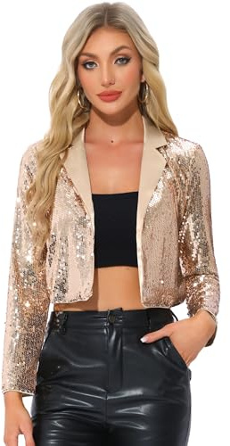 Allegra K Sequin Jacket for Women's Party Lapel Collar Open Front Crop Sparkle Blazer Cardigan Small Gold