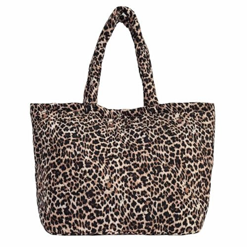 OBC XXL Damen Leo Tasche Shopper Schultertasche Handtasche Leopard Print Umhängetasche Beuteltasche Weekender Tragetasche Reisetasche Nylon Shopping Bag Steppstoff Beige (Leo Klein)