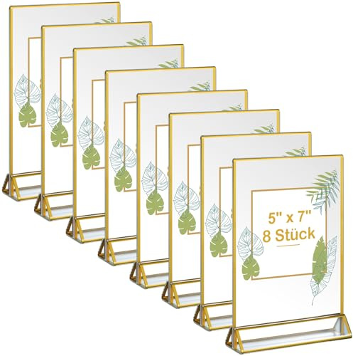 Vabrloy 8 cornici dorate su entrambi i lati, in acrilico con bordi dorati, supporto verticale trasparente per menù, numeri da tavolo per matrimoni, feste (12,7 x 17,8 cm)