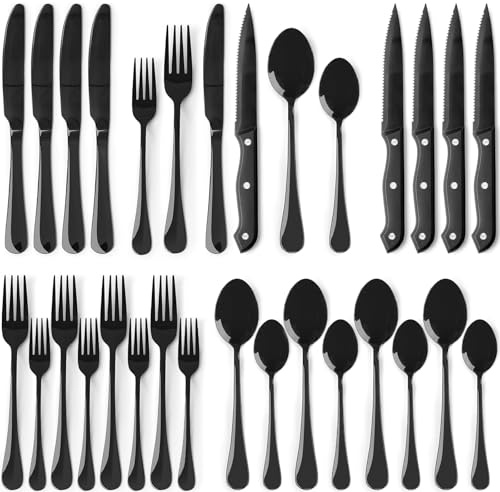Astercook 24-Piece Black Silverware Set with Steak Knives Flatware Set for 4 Food-Grade Stainless Steel Cutlery Set Mirror Polished Utensils Set Include Spoons and Forks for Home Gifts for Women