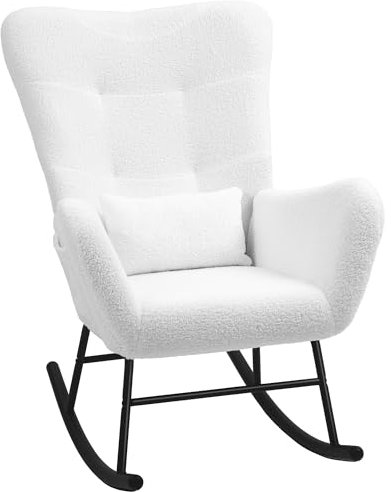 HOMCOM Schaukelstuhl, Schaukelsessel mit Teddystoff-Optik, Armlehne, Stillsessel mit Metallkufen, Lendenkissen, Relaxsessel mit Seitentasche für Wohnzimmer, Schlafzimmer, Weiß