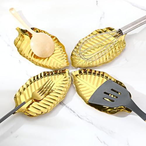 Chengu 4 Pack 9.3 Inch Leaf Spoon Rest for Stove Top, Gold