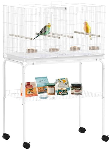 PawHut Bird Cage with Divider, Parrot Cage with 4 Wooden Perches, Slide Out Tray, 4 Feeders and Wheeled Stand, for Budgie, Lovebird, Canary, Finches, 76 x 46 x 116cm, White