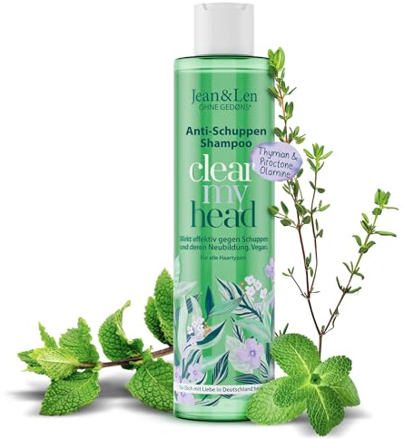 Jean & Len Champú Anticaspa Tomillo & Menta, fórmula vegana con Piroctone Olamine, combate la caspa, uso diario, sin parabenos ni siliconas, vegano, 300 ml
