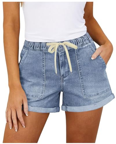 Pantalones Cortos Vaqueros para Mujer Cintura Alta Casual Shorts Vaqueros Rotos Verano Comodos con Bolsillos Jeans Short Pantalon Corto Cuerda De Bombeo Retro para Verano Viajes Uso Diario Casual