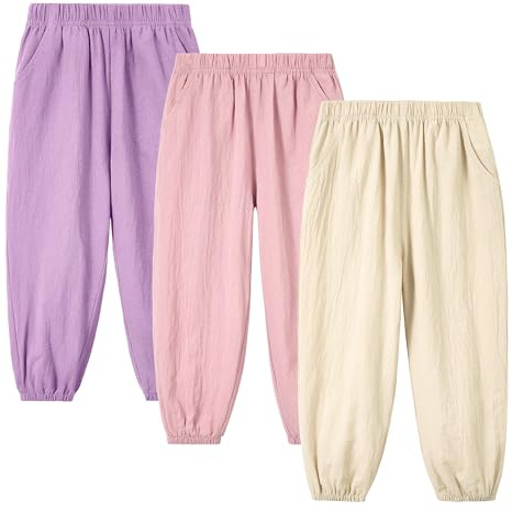 Miipat Pantalone Bambina, Set di 3 Pantaloni in Lino Cotone con Elastico Vita e Tasche Pantalone Harem Estivi ad Asciugatura Rapida Bambini e Bambine Anti Stechmücken