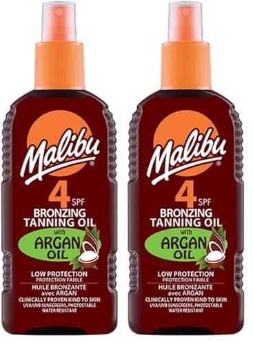 Malibu Sun SPF 4 Bronzing Tanning Oil Spray with Argan Oil, Hydrating Body Tanning Oil for Natural Golden Tan, Water Resistant, 200ml (Pack of 2)