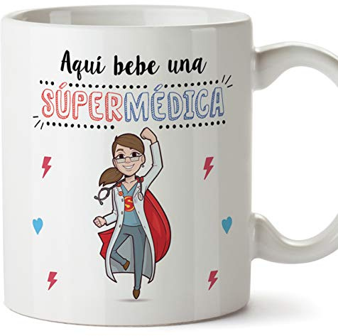 MUGFFINS Médica Tazas Originales de café y Desayuno para Regalar a Trabajadores Profesionales - AQUÍ Bebe UNA SÚPER MÉDICA - Cerámica 350 ml