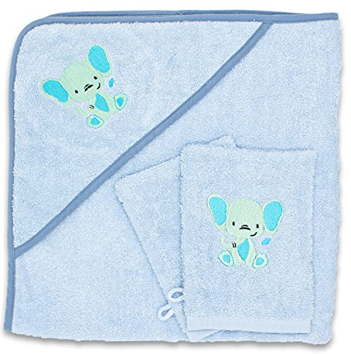 Babykajo Set Accappatoio per Neonati con 2 Guanti da Bagno in Oeko-Tex Standard 100 Certificato, Asciugamano con Cappuccio in Morbida Spugna, Primo Asciugamano con Cappuccio per Bambini 80x80 cm