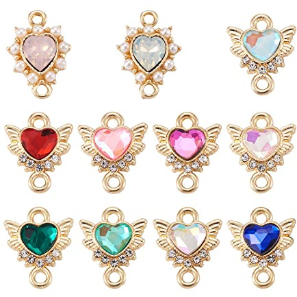 FASHEWELRY 22PCS Double Loop Heart Rhinestone Connector Charms Zinc Alloy Light Gold Wing Links with Crystal Rhinestone and Pearls Mixed Color for DIY Valentine's Day Jewelry Making