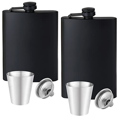 GADIEDIE 2 pcs Hip Flask for Liquor for Men Matte Black Stainless Steel Leakproof Funnel and Cups, with Never-Lose Metal Cap, Drinking Flasks for Wedding Party Gift Outdoor Activities(8Oz+2Pcs Cups)