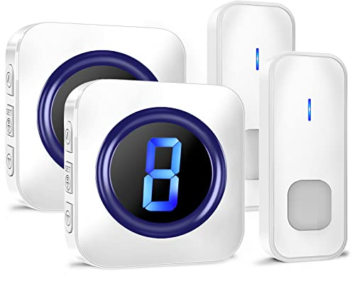 SURFOU Funkklingel kabellose, IP55 Wasserdicht Türklingel Set, LED-Nummernanzeige, 5 Lautstärke Stufen, 55 Melodien, 400m Reichweite, 2 Batteriebetrieben Sender 2 Plug-in Empfänger