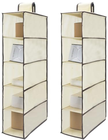 Minnhua 2 Piezas Organizador Armario, Organizador Colgante con 5 Compartimentos, Plegable Organizadors Taquilla Vestuario, Baldas Armario Interior para Calcetines, Sombreros, Camisas, Bolsas (Beige)