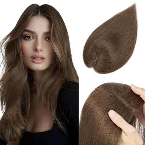 Elailite Haarteil Echthaar Topper Clip in Toupet Frauen Haartopper Extensions Seide Basis Clip in Extensions Haarverlängerung Remy Silk Base Glatt #04 Mittelbraun 45cm