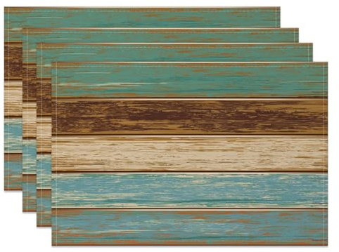 MIRRORANG Coastal Wood Placemats Set of 4 45x30cm Blue and Brown Plank Wooden Board Pattern Place Mats for Beach House Kitchen Dining Decor