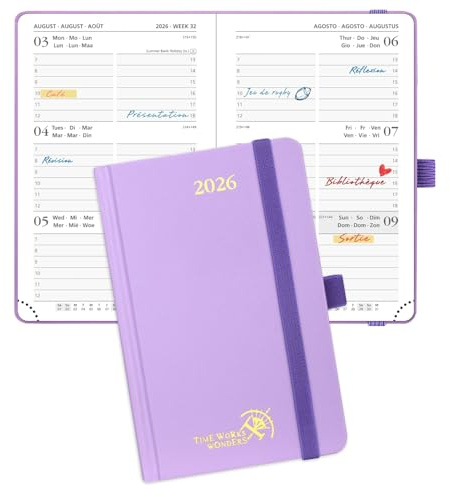 POPRUN Kalender 2026 Klein 16 x 10,5 cm (Jan.2026-Dez.2026) - TaschenKalender 2026 Klein Hardcover - Terminplaner, Wochenplaner 1 Woche 2 Seite mit Innentasche - Violett