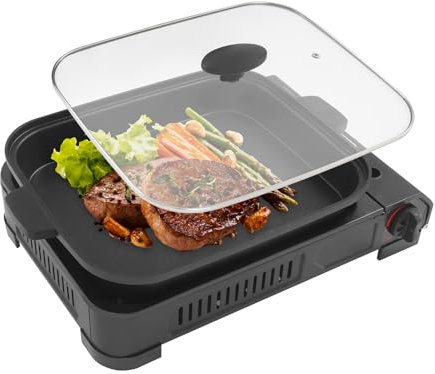 Barbacoa de gas con tapa, 2,1 kW de potencia, parrilla de mesa portátil para camping, jardín, pícnic, superficie de cocción de 45 cm, acero inoxidable y antiadherente