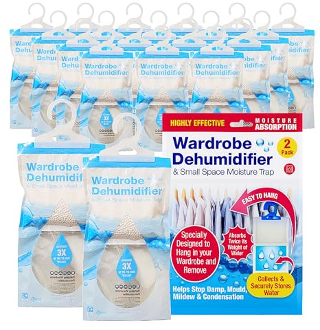 Wardrobe Dehumidifier Hanging Bags – Pack of 20 Moisture Absorbers to Stop Damp, Mould, Mildew & Condensation – Ideal for Wardrobes, Caravans, Garages, Basements & Storage