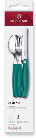Victorinox Set di Posate da Picnic Classic, 3 Pezzi, Posate da Viaggio, incl. Coltello Richiudibile, Forchetta, Cucchiaio, Robusti Manici in Plastica, Verde