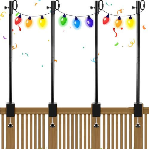 Yetene 4 Pack Deck String Light Poles with Adjustable 3 Clamp, Outdoor Light Poles for String Lights Garden Backyard Deck Fence Railing Hanging Bird Feeders, Lanterns, Wind Chimes (63 Inch)