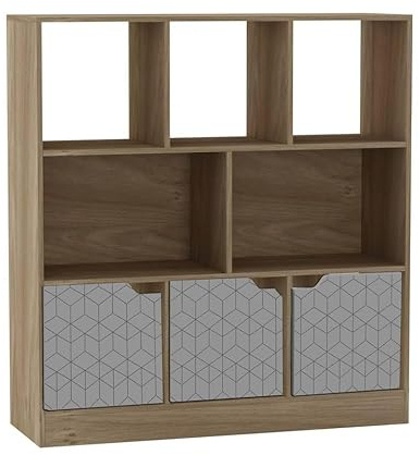 URBNLIVING Estantería asimétrica de roble de 8 cubos, armario de almacenamiento independiente con 3 puertas, puertas de diseño geográfico, color gris