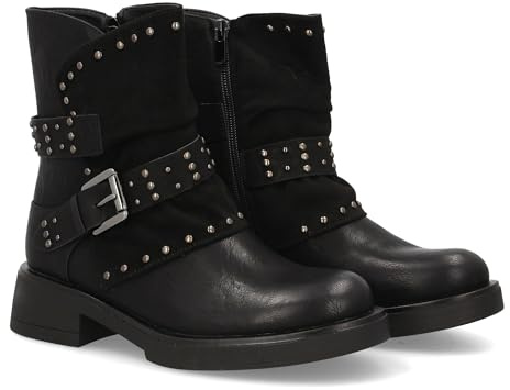 shoes&blues.es 96749 Bota de Mujer Estilo Biker, Temporada Otono Invierno. Tachuelas metalicas y Doble Correa con Hebilla Ajustable. Negro Talla 39