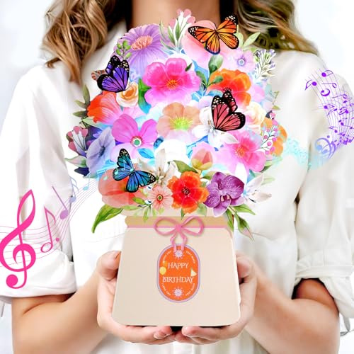 Geburtstagskarten, Happy Birthday Karte mit Licht und Musik, Lilie und Schmetterlinge, Ewiger Blumenstrauß Blumenstrauß, 3D Pop-Up Geburtstagsgeschenkkarte für Frauen, Ehefrau, Mutter, Tochter