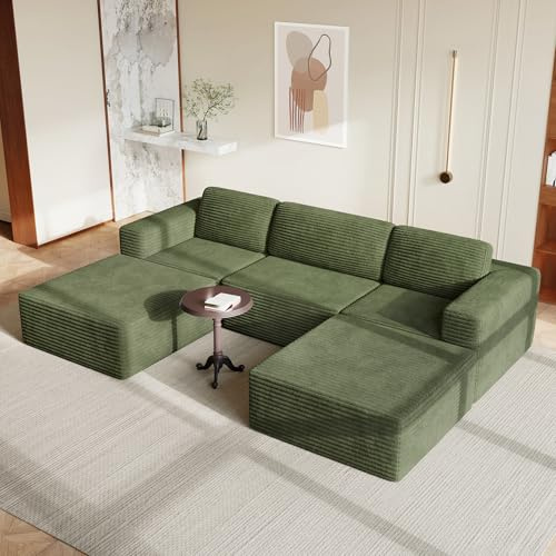 Vesgantti Grand Canapé d’Angle Modulaire en U 303 cm Convertible en Lit, Assise Extra Profonde, Velours Côtelé avec Ressorts, Canapé 3 Places Boneless pour Salon