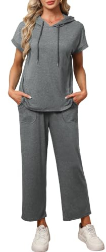 Famulily Tracksuit Womens Full Set Short Sleeve Drawstring Hoodies & Wide Leg Crop Pants Summer 2 Piece Outfits with Pockets