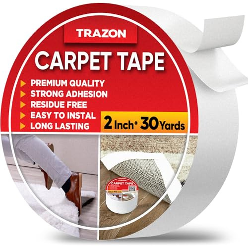 Trazon Carpet Tape Double Sided - Rug Tape Grippers for Hardwood Floors and Area Rugs - Carpet Binding Tape Strong Adhesive and Removable, Heavy Duty Stickers Tape, Residue Free (2 Inch / 30 Yards)