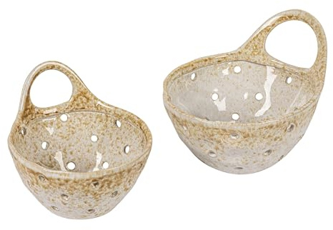 Creative Co-op DF6361 Stoneware Colanders with Handles, Set of 2, Beige