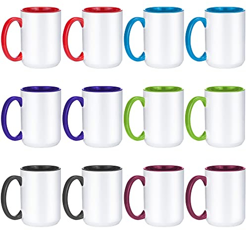 TANGLONG Sublimation Mugs 15 oz Sublimation Cups Bulk Coffee Mugs Tazas Para Sublimar 6 Assorted Colors Set of 12