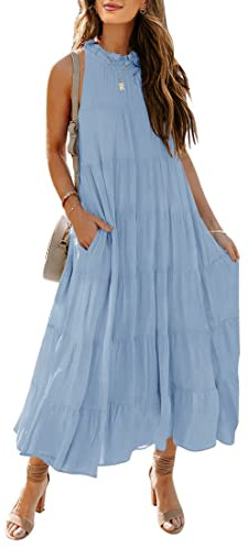 HAEOF Womens Summer Casual Sleeveless Halter Maxi Dress Pleated Tiered Swing Beach Vacation Long Dresses Sundress(Light Blue, M)