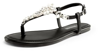 DREAM PAIRS Flat Sandals for Women Dressy Rhinestone T-Strap Thong Flat Sandals for Summers Dress Beach SDFS2405W,Size 9,Black,SDFS2405W