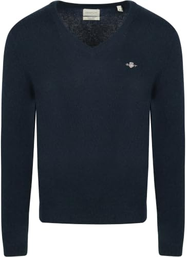 GANT Extrafine lammull V-hals, Mörk marinblå melerad, XL