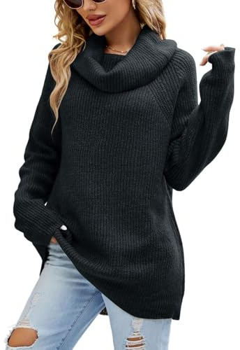 crazy bean Pull Femme Rochet Colle Roulé Longue Oversize Tricoté Pull d'hiver Ample Chaud Pullover Chic Et Elegant en Couleur Casual Grande Noir XL