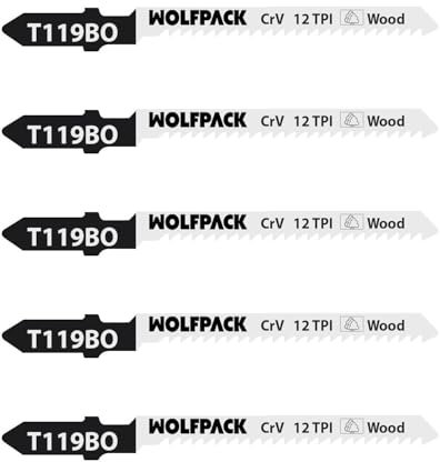 WOLFPACK LINEA PROFESIONAL Hojas Sierra Calar Para Madera Corte Fino 5 Piezas. Hoja Cromo Vanadio 58. Vastago T Universal