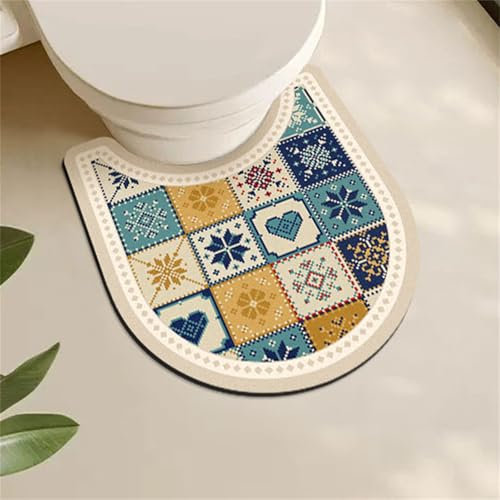 Highdi Alfombra Inodoro en Forma de U, Estilo Étnico Alfombrilla Inodoro Diatomita Absorbente Secado Rápido Alfombrilla WC Antideslizante Alfombrillas de Baño Alfombrilla de Baño (Beige)