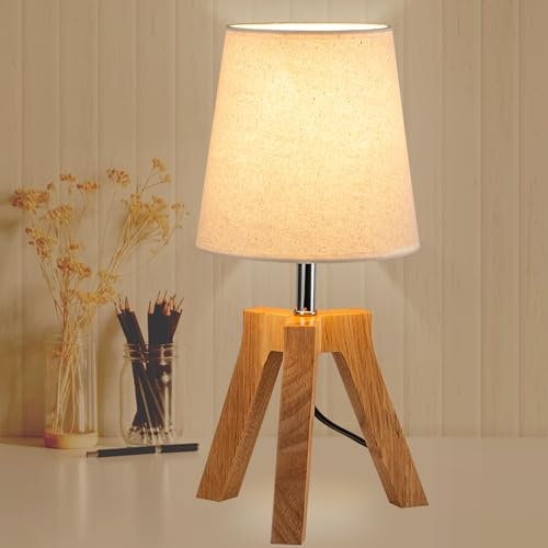 Dreamholder Wood Bedside Table Lamp, Tripod Desk Lamp with On-Off Switch, Nightstand Lamp with Fabric Shade for Reading, Bedroom, Living Room, Office, Natural Wood Base with Linen Shade