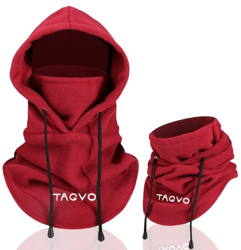 TAGVO Winter Thermal Fleece Balaclavas, Soft & Warm Adjustable Hood Hat Skiing Face Cover Face Mask Neck Warmer Snood Neck Gaiter for Running Skiing Cycling Motorbikes Hiking- Men & Women Wine Red