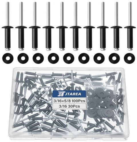 JTAREA 130 Pièces 4,8 × 16 mm Rivets Aveugles en Aluminium avec Rondelle Rivet Pop Tete Large Rivets à Bout Ouvert Rivet Pop (Noir)