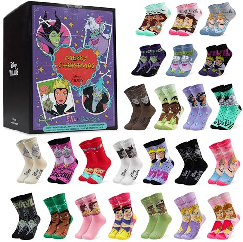 Get Trend Disney Princess & Villains Calendario Adviento 2025 con Calcetines Adolescentes Chica Mujer, 24 Pares de Calcetines Transpirables, 36-41 (Multi Princess/Villains)