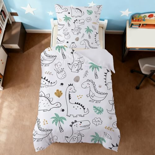 ZTYROLJ Dino Ropa de cama infantil de 135 x 200 cm, diseño de dinosaurios con cremallera, funda nórdica de 2 piezas de microfibra y 1 funda de almohada de 80 x 80 cm