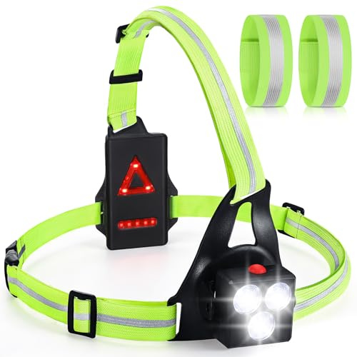 Kssvzz Lampe de course pour coureurs, lampe torche de poitrine 3 LED 500 lumens, lampe de course rechargeable USB-C, faisceau réglable à 90° avec 2 brassards réfléchissants haute visibilité pour